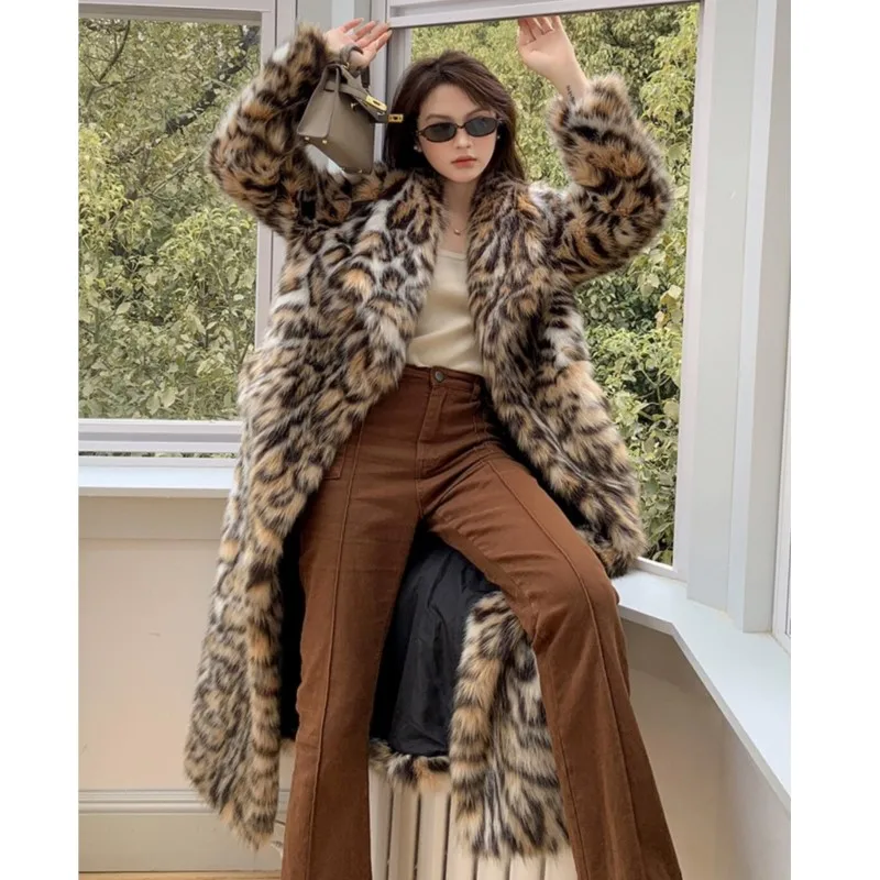 2023 Winter Animal Leopard Faux Fur Extra Long Coat Full Sleeve Bow Sashes Loose Warm Shaggy Jacket Loose Outerwear