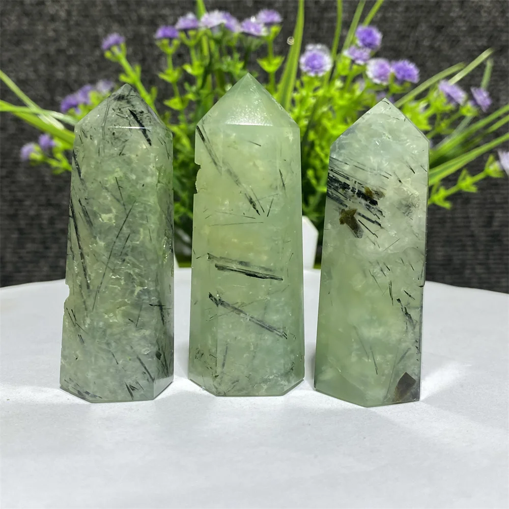 

Green Grape Prehnite And Hair Tourmaline Agate Tower Natrual Crystal Mineral Specimens Polished Crafts Hexagonal Obelisk Stone