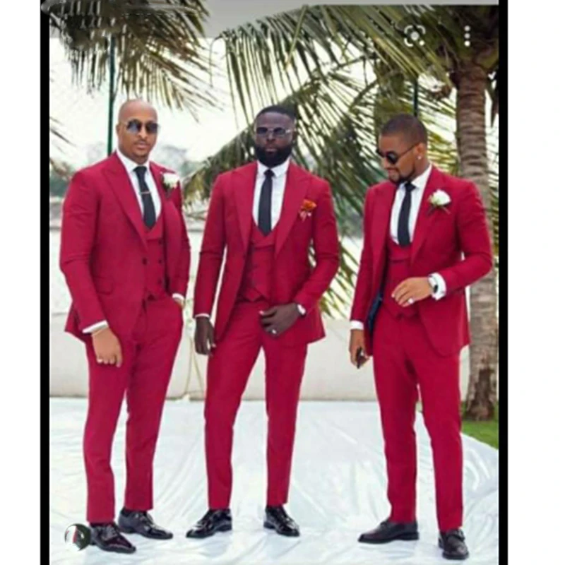3 Pieces Peak Lapel Red Men Suit One Button Double Breast  Slim Fit Groom Tuxedos Tailor Made  (Jacket+Pants+Vest)