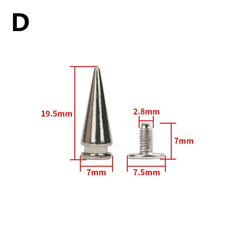 Description Picture 6 of item10 Sets Alloy Spikes Screw Cone Studs Silver Punk Rivets DIY Bolt Head Nail Buckles Clothes Garment Shoes Leathercraft Decor