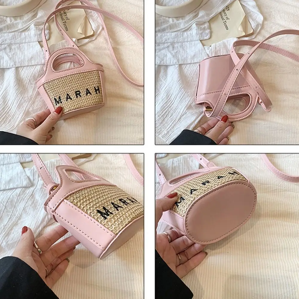 Letter Straw Bag Casual Handmade Pu Leather Weave Shoulder Bag Embroidery Mini Beach Bag Makeup Bag