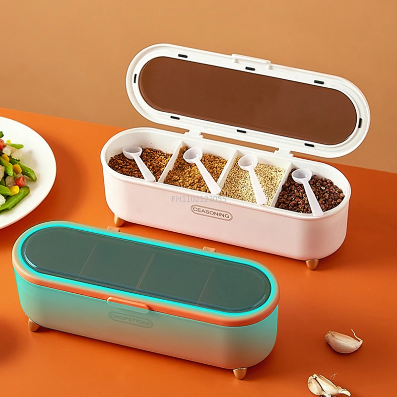 Nordic 4 Grid Spice Jar Salt and Pepper Shakers Spice Container Set Oval Transparent Cover Seasoning  Box Moisture Proof Box
