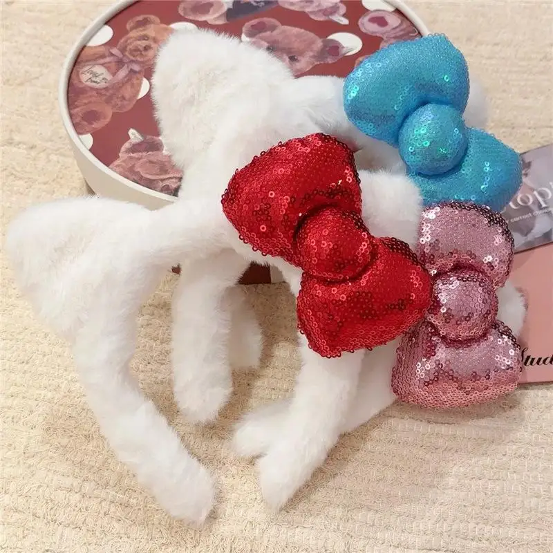 Super süßes Nischen-Haarband, lässiges Katzenohr-Plüsch-Stirnband, das zum Waschen des Gesichts verwendet wird. Pailletten-Schleifen-Stirnband, Damen-Foto-Haar-Accessoire – Detail 5