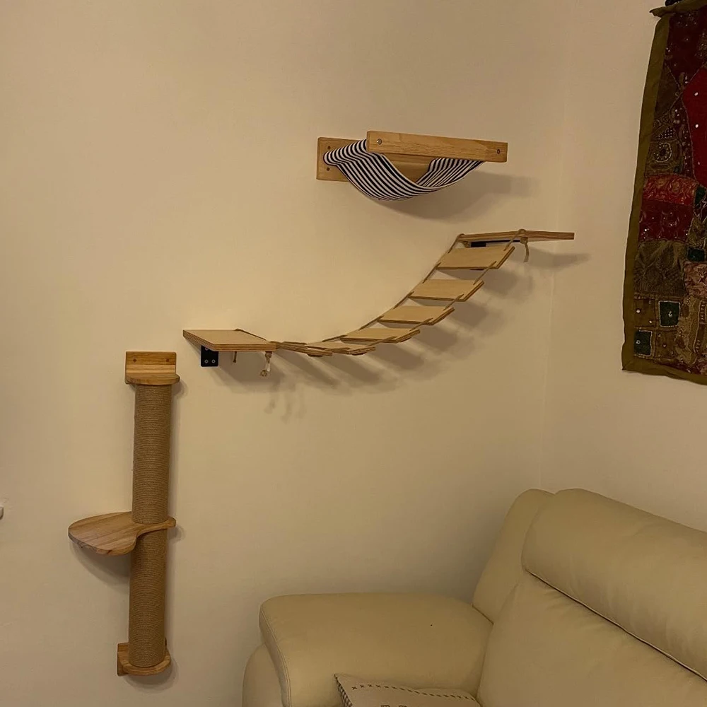 

Cat Wall Mounted Wooden Indoor Furniture Cat Hammock and Climbing Stairway with Scratching Post for Kitten Sleeping and Playing