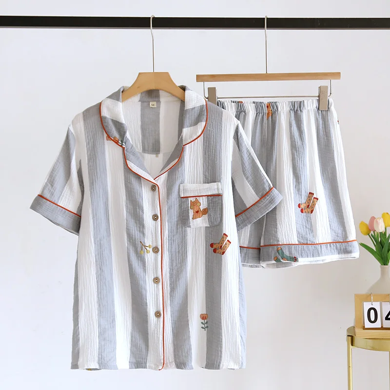 2023 New Summer Women's Pajama Set Cotton Crepe Short Sleeve Shorts Two Piece Set Vertical Striped Simple Home Furnishing