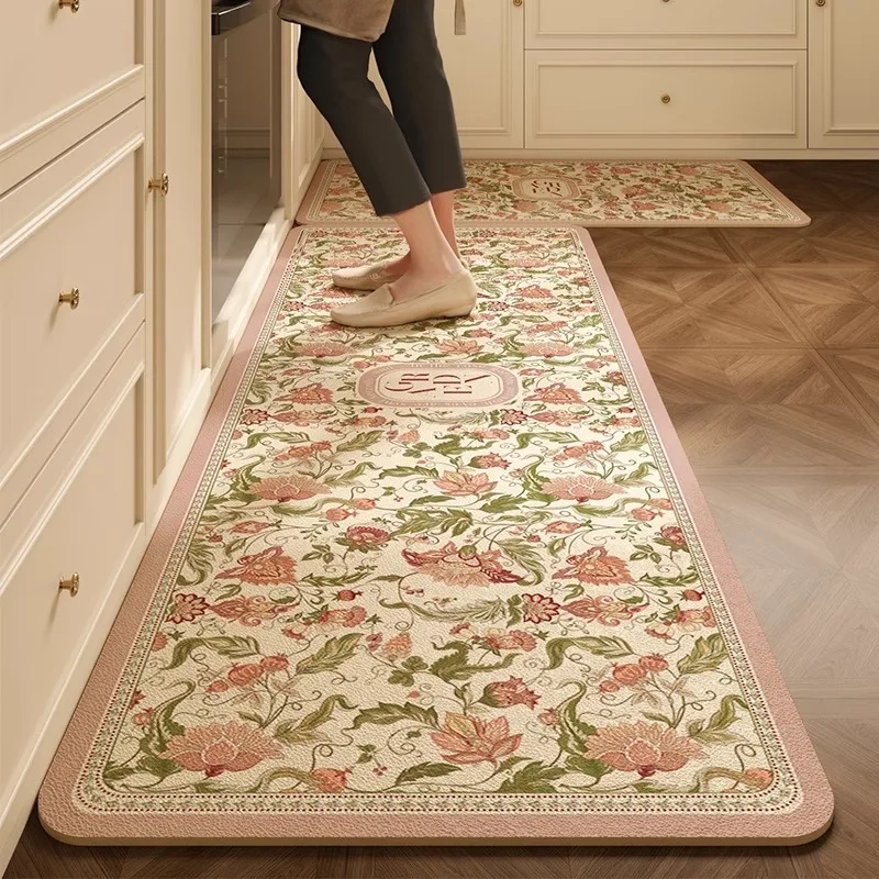 PVC Kitchen Floor Mats European Retro Floral Oil-proof Water Proof Bathroom Leather Carpets Firm Non-slip Balcony Rugs 러그 Ковер
