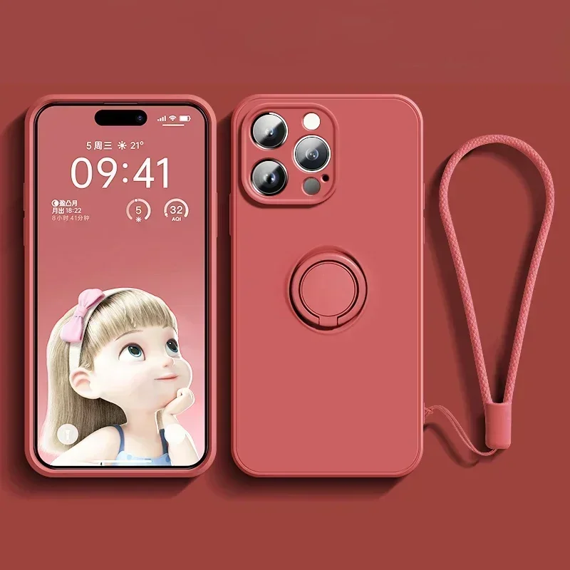 Liquid Silicone Phone Case with Holder Ring Stand and Wrist Strap