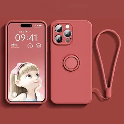 Liquid Silicone Phone Case with Holder Ring Stand and Wrist Strap - iPhone 15 (Camellia)