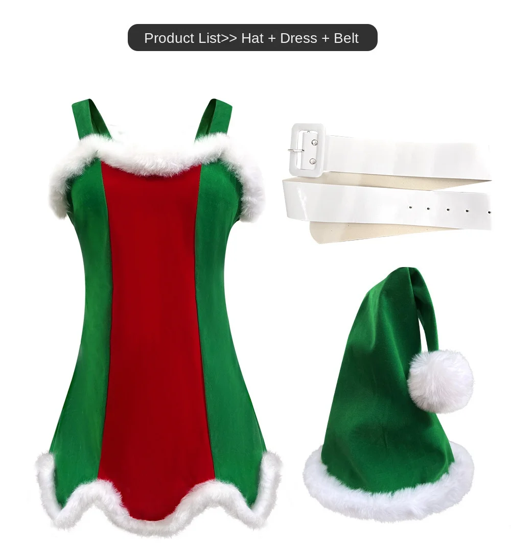 Mrs Santa Dress for Women Xmas Cosplay Costumes Green Red Sexy Sleeveless Dresses Female Carnival Christmas Party Fancy Dress
