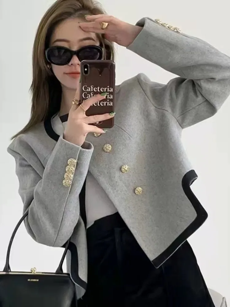 

UNXX Grey Irregular Elegant Coat Women's Suit Jacket 2023 Autumn Winter French Style High-end Office Lady Short Woolen Suit Top