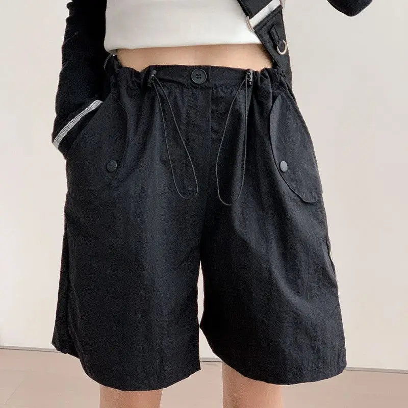 Summer New Cargo Shorts Women High Waist Drawstring Loose Wide Leg Pants American Style Quick Drying Short Sweatpants Femme