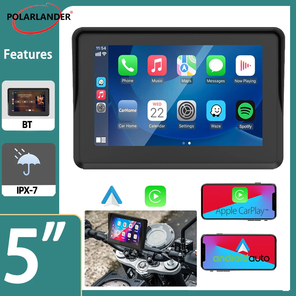 

Монитор для мотоцикла портативный сенсорный экран беспроводной CarPlay Android авто водонепроницаемый стерео 5 "устройство Bluetooth для мотоцикла