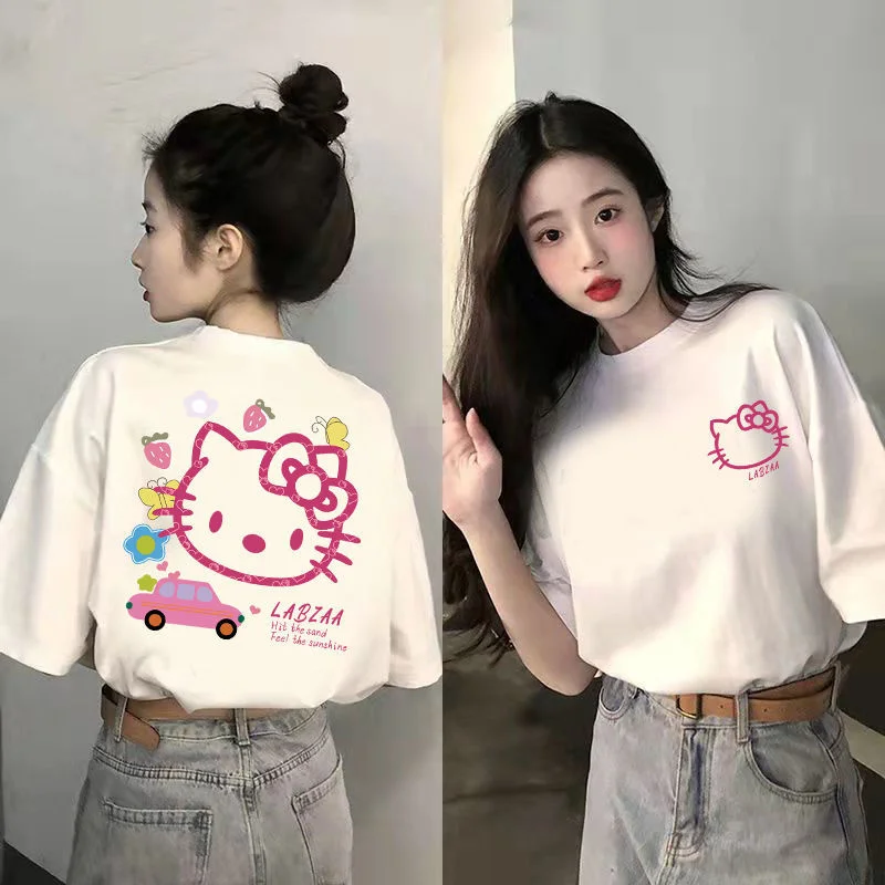 

Женская Повседневная футболка с коротким рукавом Hello Kitty, свободная корейская мода, Y2k Топ, одежда Sanrio, уличная одежда большого размера для лета
