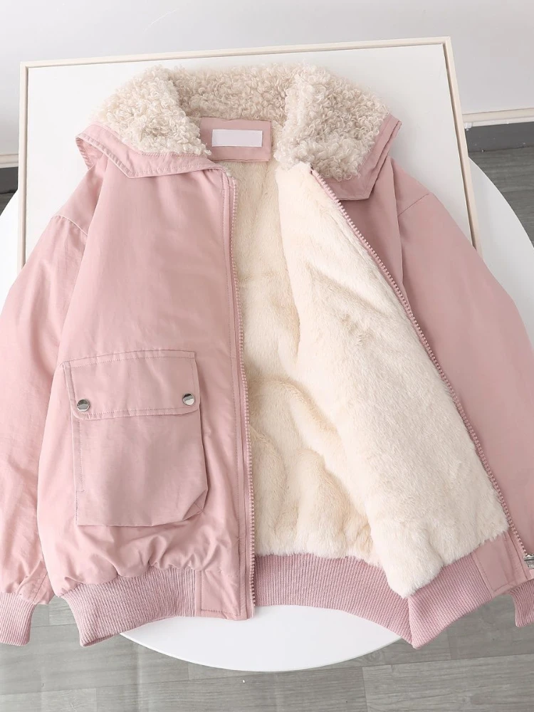 

Autumn And Winter Plus Velvet Liner Candy-colored Tooling Women's Loose Coat Collar Wool Collar Imitation Lamb Student Jacket