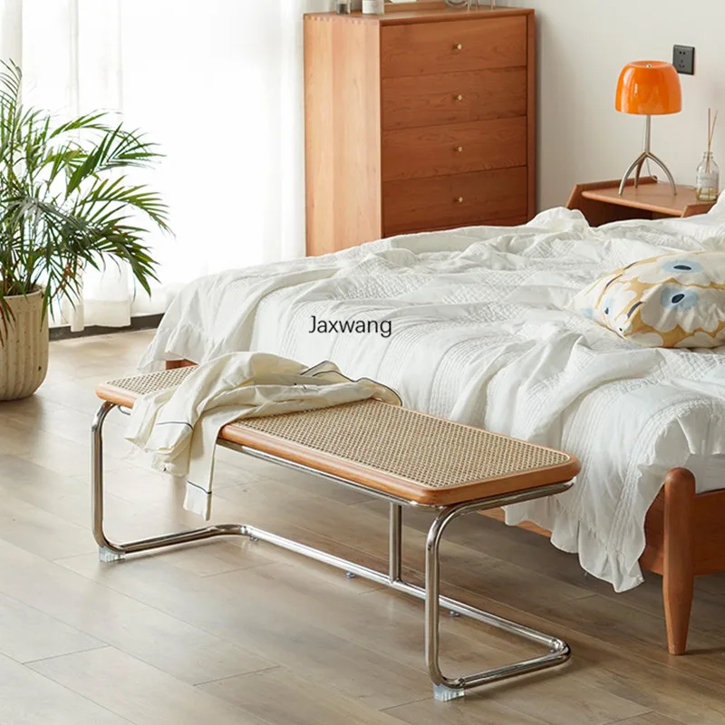 Nordic Furniture Living Room Stool Rattan Bench Japanese Wood Dressing Ottoman Stainless Steel
