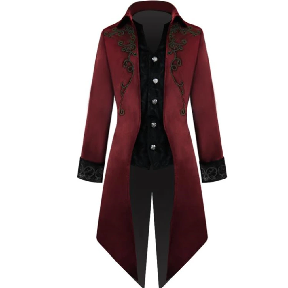 Uomo Costume Medievale Vittoriano Nero Rosso Retro Patchwork Giacca Steampunk Trench Tuxedo Cappotto Cappotto Cappotto Gotico Soprabito