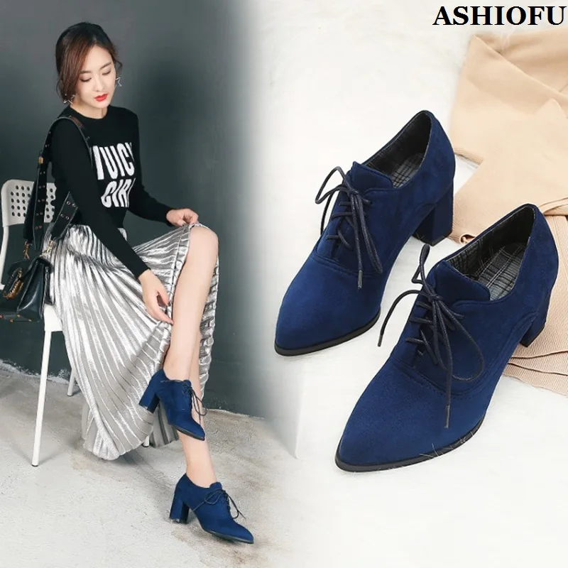 

ASHIOFU New Style Handmade Women's Chunky Heels Pumps Shoelace Pointed-toe Faux Suede Large Size 34-48 Daily Wear Fashion Shoes