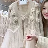 Kimotimo Women 3D Flowers Knitted Cardigan Patchwork Mesh Ruffles Sweater Coat Fashion Hooked Flower Hollow Long Sleeve Tops Ins 2
