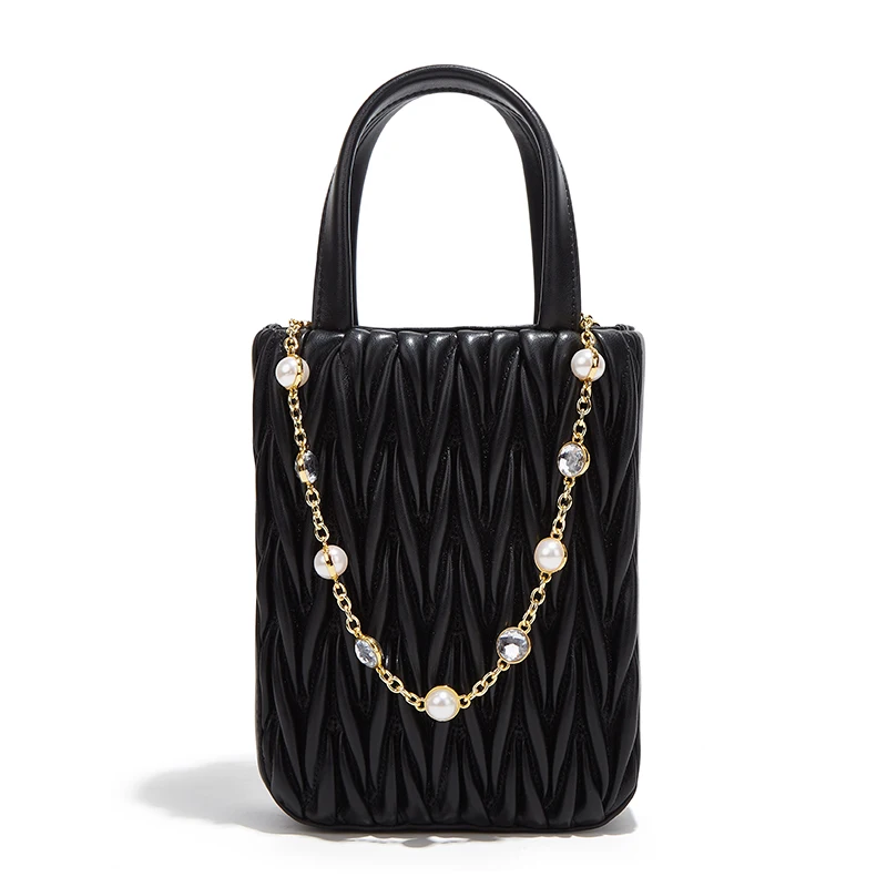 thumbnail image 1 of Bolsos de mano de cuero plisado para mujer, bolsos de hombro de cadena de perlas de diseñador de lujo, bolsos de cuero plisado de primera calidad, bolso para teléfono celular, 1 of 5