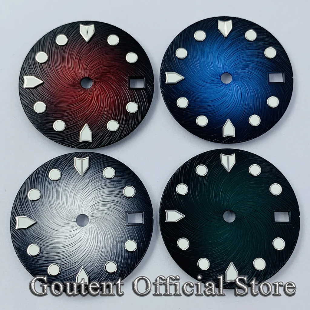 Goutent 28.5mm Green Luminous Sterile Black Watch Dial Fit NH34 NH35 NH35A Movement 3 O'clock Crown 3.8 O'clock Crown