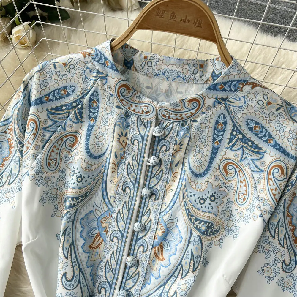 Nuevo vestido de fiesta vintage para mujer, moda de manga larga, botonadura sencilla, cuello alto, elegante, estampado, vestidos largos, primavera y otoño.