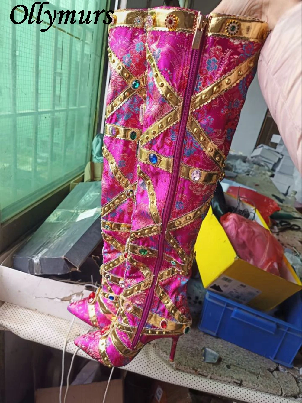 

Color brocade gold trim stitch drill fashion street stage boots winter knee high boots shoes women