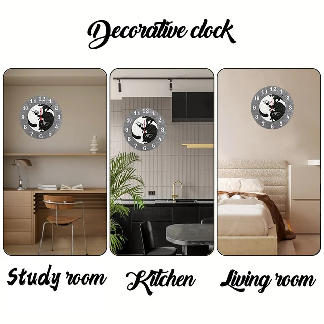 Yin Yang Cat Wooden Round Silent Hanging Wall Clock 5