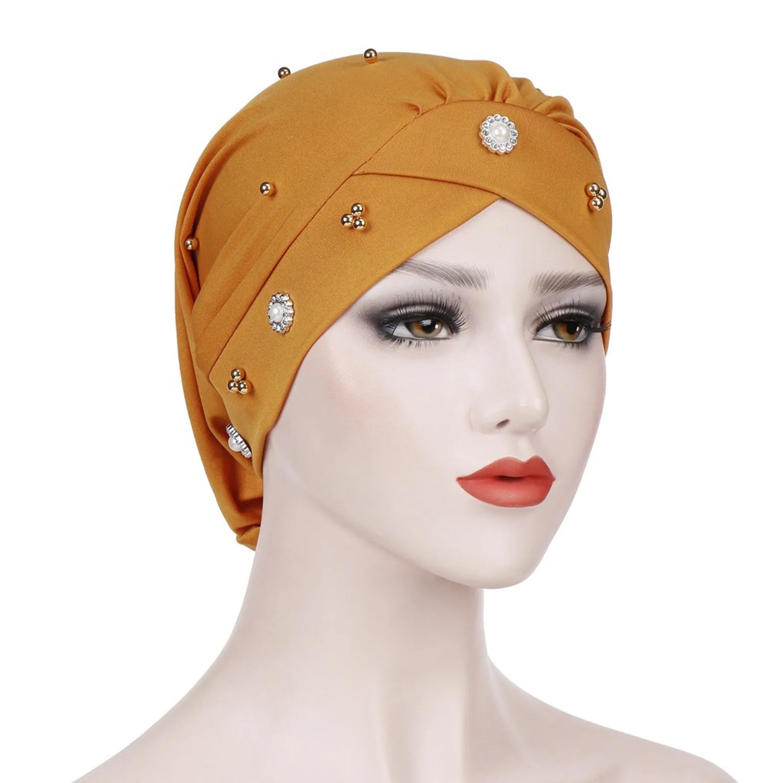 

Beaded Women Turban Hat Muslim Hijab Bonnet Indian Cap Head Wrap Casual Chemo Cancer Cap Muslim Twist Hat Head Scarf