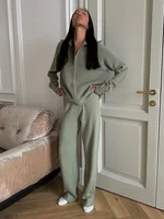 Bornladies Women's New Knit Zip Up Cardigan Wide Leg Pants Set Soft Loose Fit Hooded Elastic Waist Autumn Winter Fashion Sets - Image 5