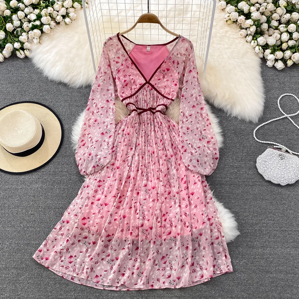 

2022 Spring Fashion Fairy Super Xiansen V-neck Floral Chiffon Dress Elegant Temperament Seaside Holiday Dress