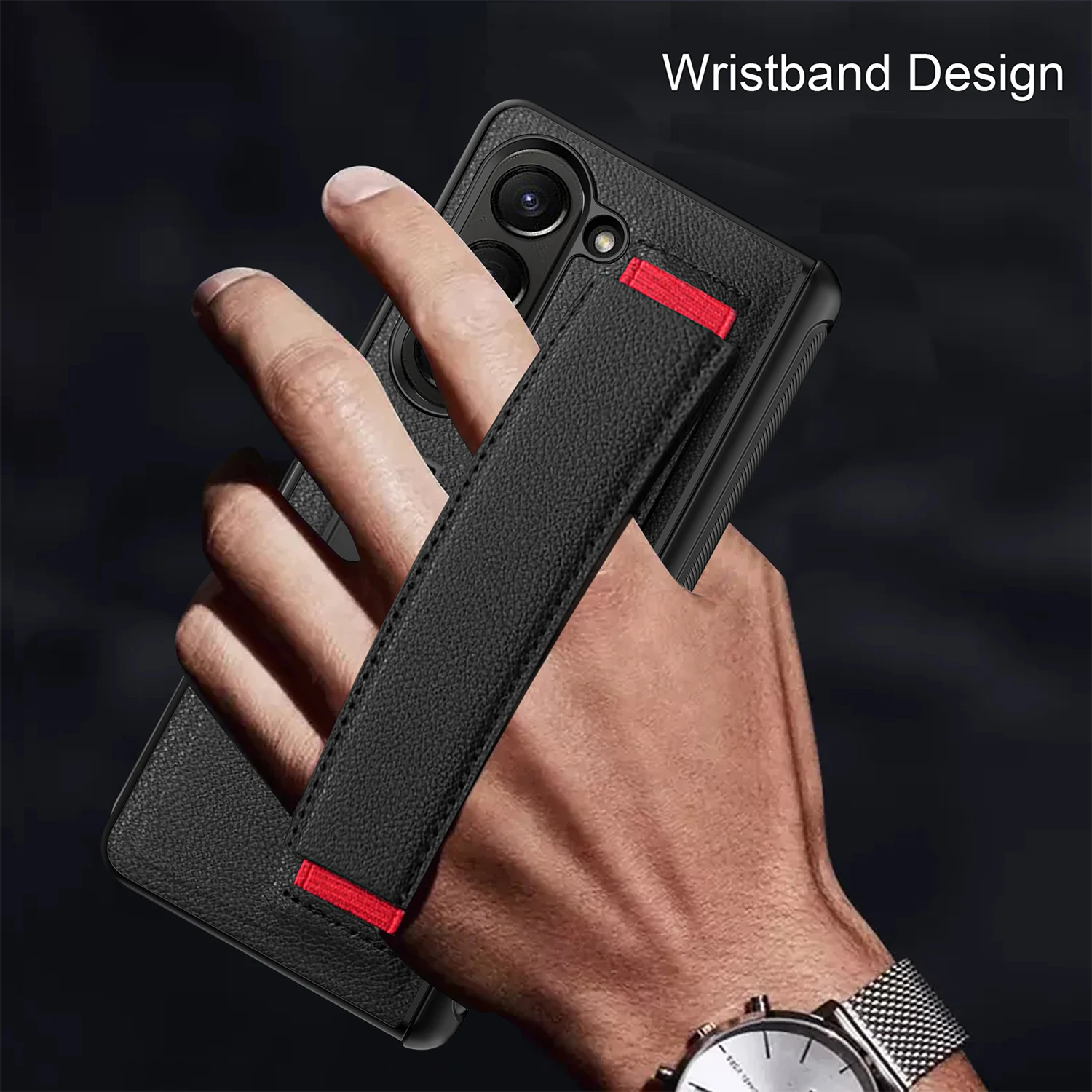For Samsung Galaxy Z Fold 5 Case Wrist Strap Bracket Leather With Tempered Film Shockproof Folding Protection Cover Accessories
