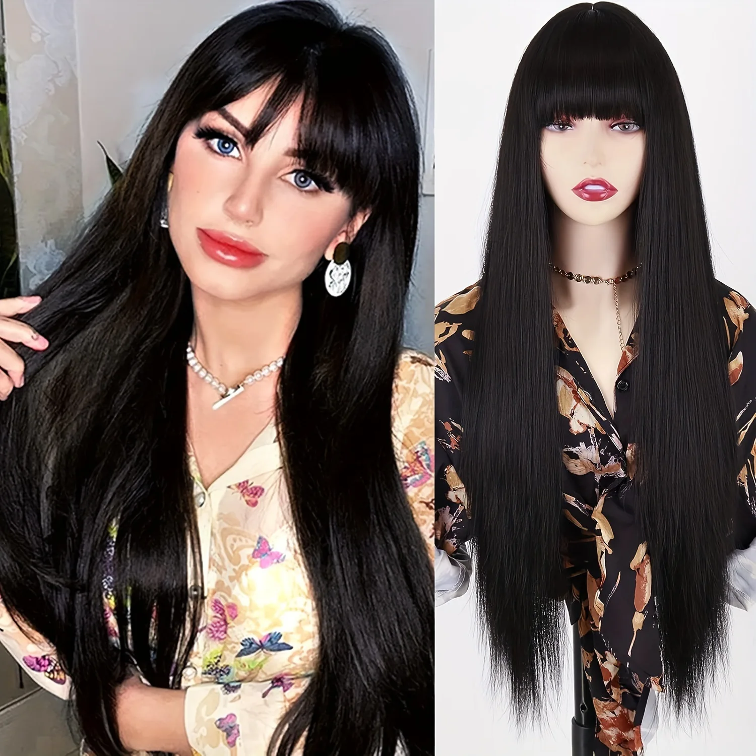 

Black nature wig, long wave wig Women's synthetic curly wig with bangs Natural looking realistic wig, suitable for everyday part