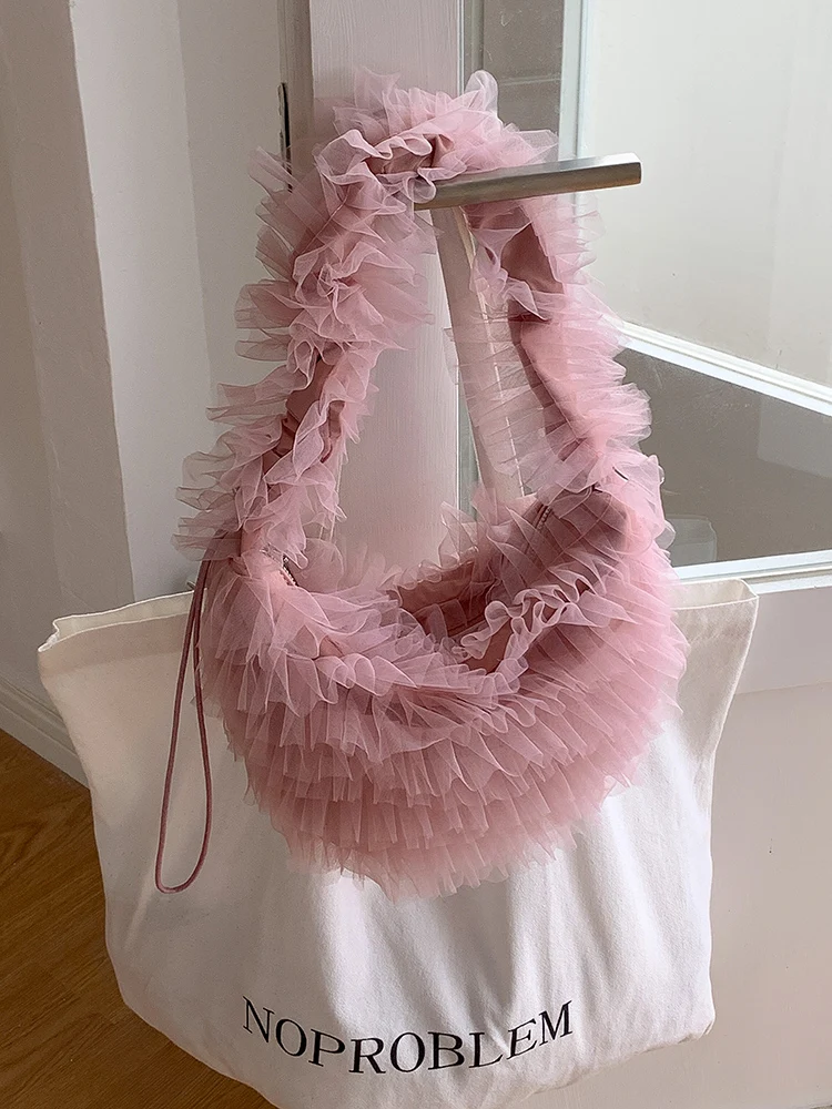 Japanese Pink Sweetheart Hand Carry Creative Design Mesh Bag Sweet Ruffle Pleated Chiffon Shoulder Bag Dumpling Armpit Bag Women 3
