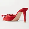 Summer Sweet Red Black Velvet Slippers Silk Butterfly-knot Sandals Pointed Thin High Heels Peep Toe Women Shoes Pumps Big Size 2