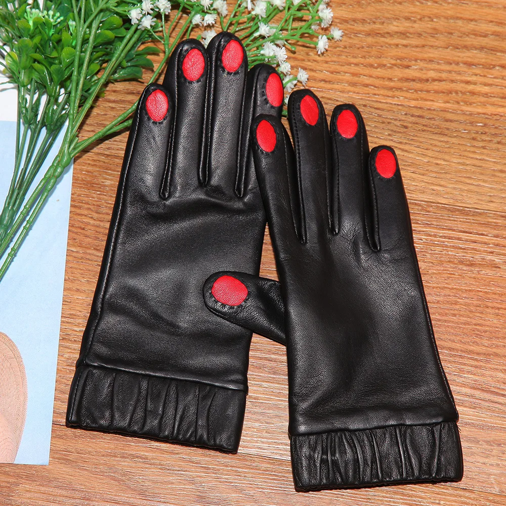 real-leather-women-gloves-autumn-winter-thermal-plushed-lined-cute-cat-paw-fashion-black-lambskin-driving-female-ldl9106