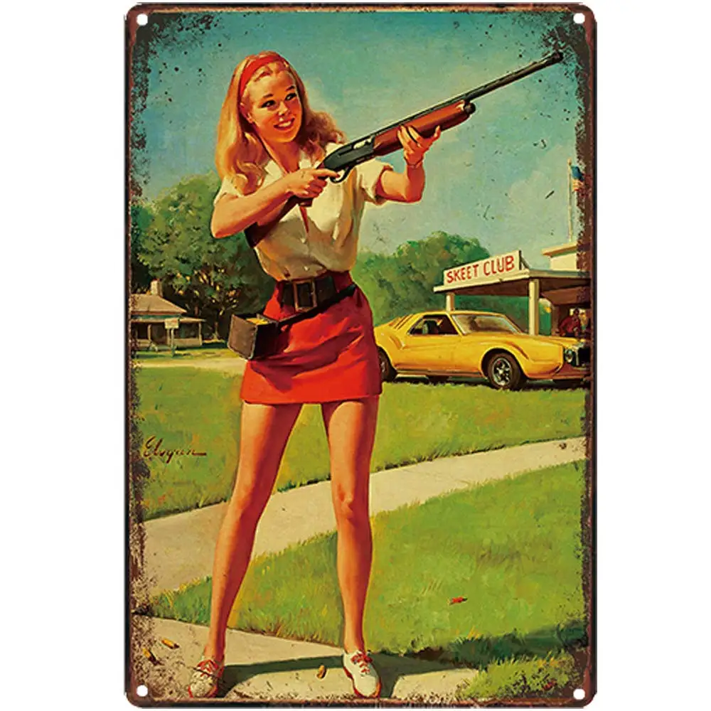 

Retro Design Beautiful Girl Playing With Guns Tin Metal Signs Wall Art | Thick Tinplate Print Poster Wall Decoration