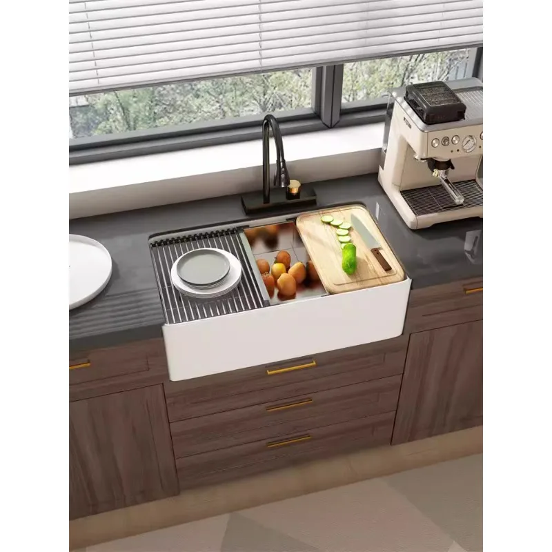 

American-Style Deep Ceramic Sink Single Sink KitchenScullery Household Embedded Dishwashing Double-Slot Vegetable Washing Sink