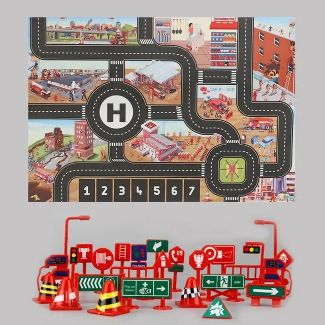 Tapis de jeu pour bébé, tapis de carte de route de circulation urbaine, tapis de stationnement de voiture de ville, panneaux de signalisation, tapis de jeu d'escalade pour bébé 3