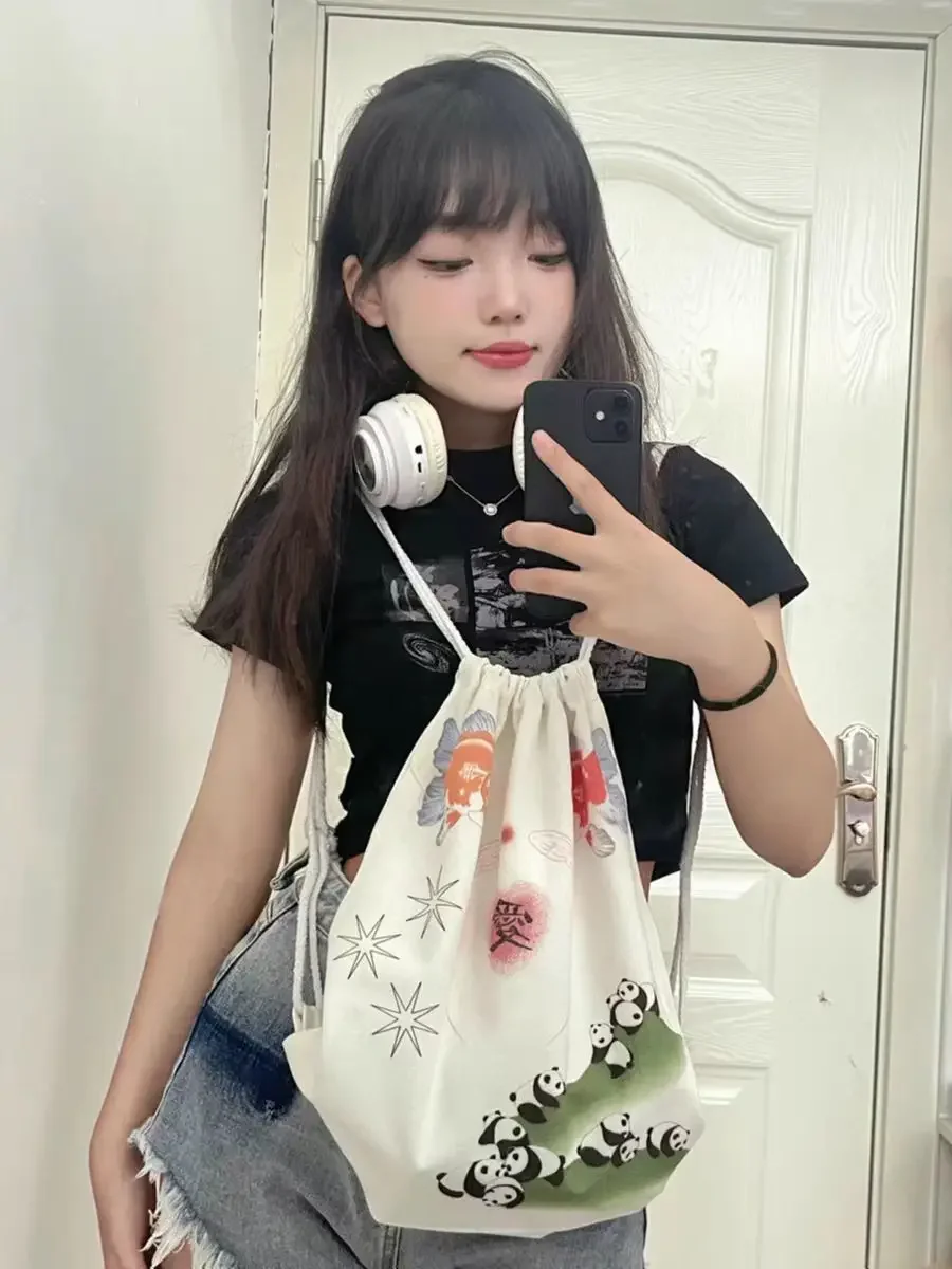 

Small Print Women Backpacks Drawstring Canvas Bag Ins Original Homemade Large Capacity Bag Cute Panda Printed Backpack