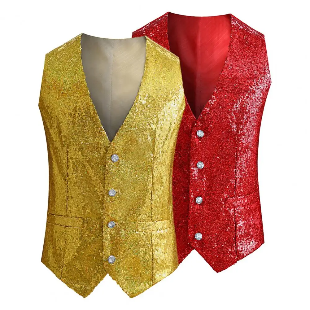 

Men Vest Men Formal Waistcoat Sequin Sleeveless Men's Vest with Slim Fit Adjustable Back Buckle for Stage Show Emcee Performance