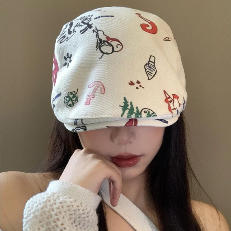 일본 레트로 그래피티 프린트 앞면 모자 여성용, 용수철 여름 인스타그램 패션, 다용도 캐주얼 자외선 차단 베레모 모자