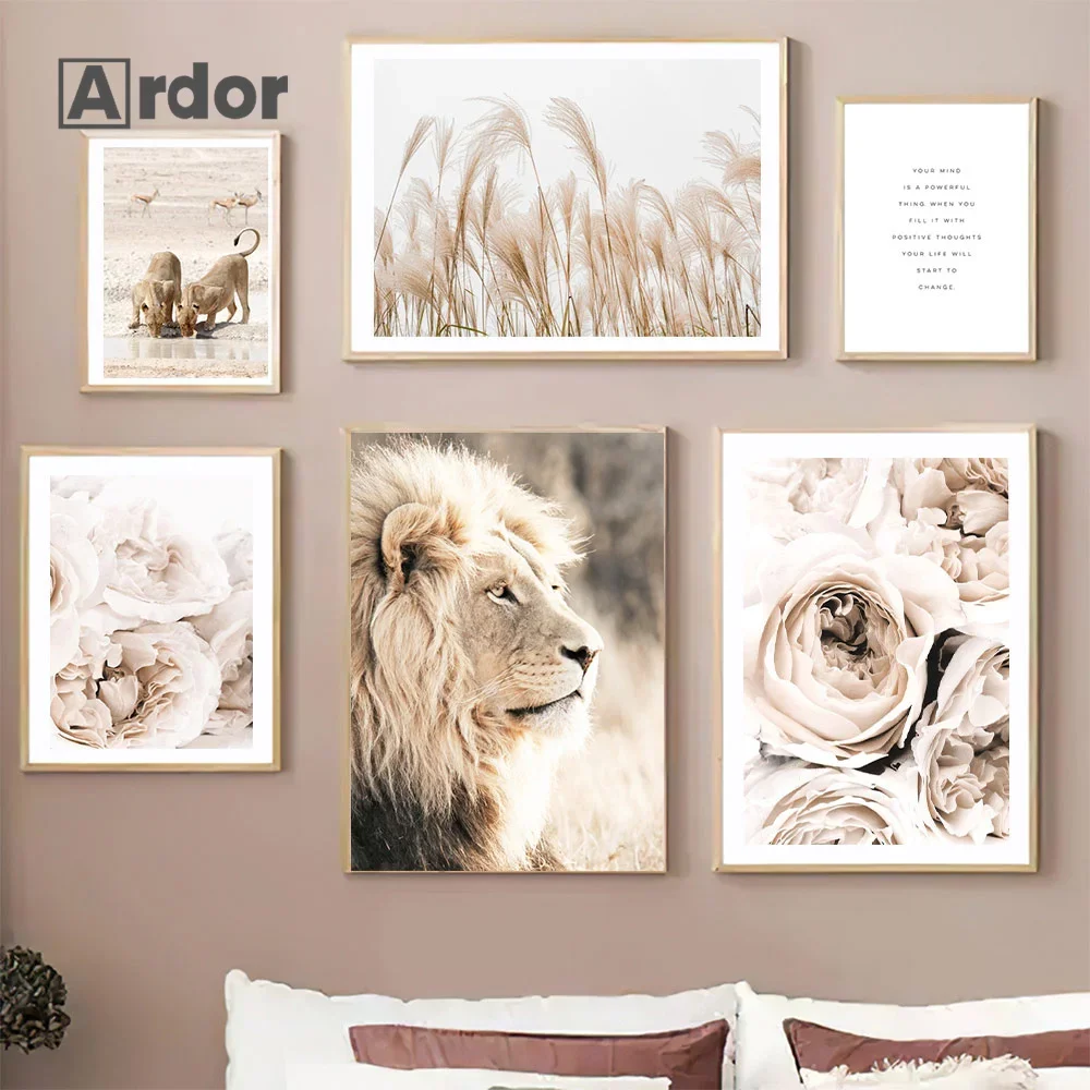 

Beige Lion Reed Grass Flower Lake Tree Seagull Wall Art Print Blossom Canvas Painting Nordic Poster Pictures Living Room Decor