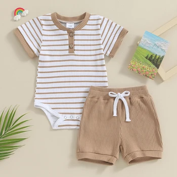2023-11-18 Lioraitiin Newborn Baby Boy Girl Summer Clothes Striped Short Sleeve Ribbed Romper Tops Elastic Shorts Set Outfits 3