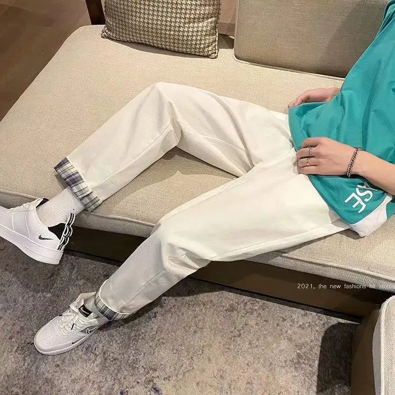 2023 New Men's Clothing Harem Mid Waist Loose Drawstring Spring Cropped Pants Casual England Solid Color Pockets Trousers