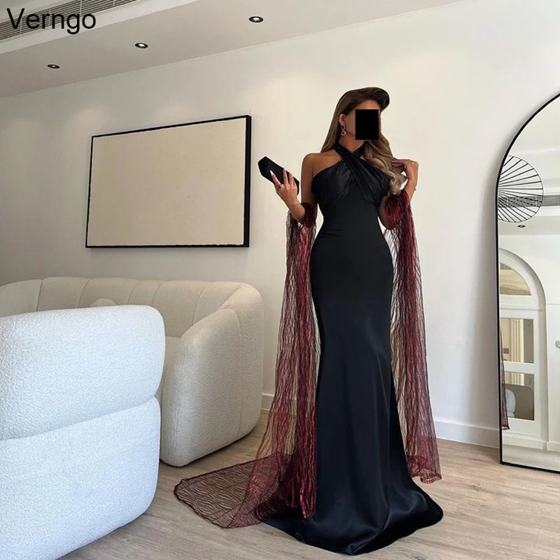 

Verngo Saudi Arabia Mermaid Prom Dresses Halter Sleeveless Evening Party Dress Satin Long Formal Occasion Gown Robe De Soirée