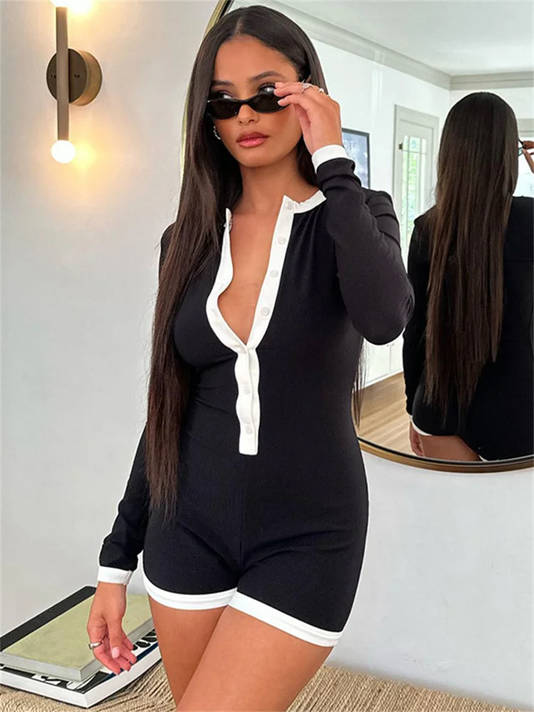 Tossy Fashion Patchwork Slim Jumpsuit Female Contrast Autumn 2023 Long Sleeve High Waist Bodycon Rompers Women Casual Jumpsuit