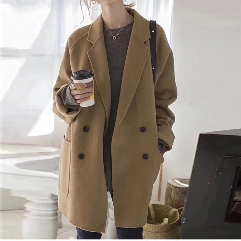 Loose Wool Blend Coat Autumn Winter Warm Casual Commute Outwear England Style Women Lapel Single Breasted Solid Colors Overcoats
