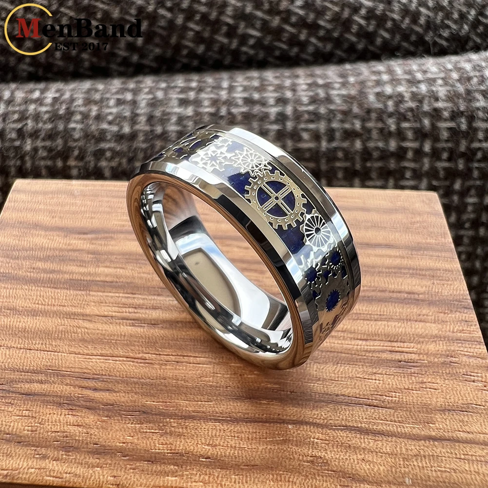 MenBand 6/8mm Men Women Wedding Band Tungsten Carbide Ring With Mechanical Gear Wheel And Carbon Fiber Inlay Comfort Fit