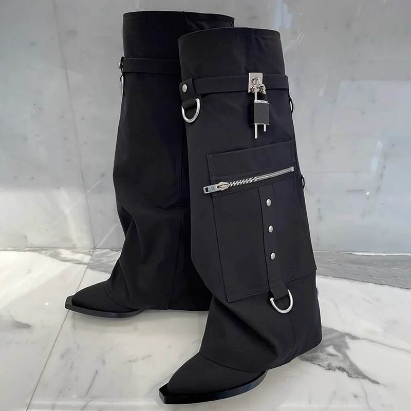 

Shark Lock Metal Buckle Long Boots Pointed Toe Zipper Shoes Woman Platform Punk Bota Coturno Feminino Knee High Booties Sapatos