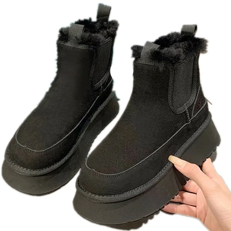 NEW Winter Women's Boots Plus Velvet Warm Casual Shoes One Step Suede Leather Trendy Women's Ankle Boots Chelsea Women's Boots